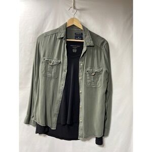 American Eagle Olive Boyfriend Button Down Shirt & Black Soft Sexy Plush Tee Set